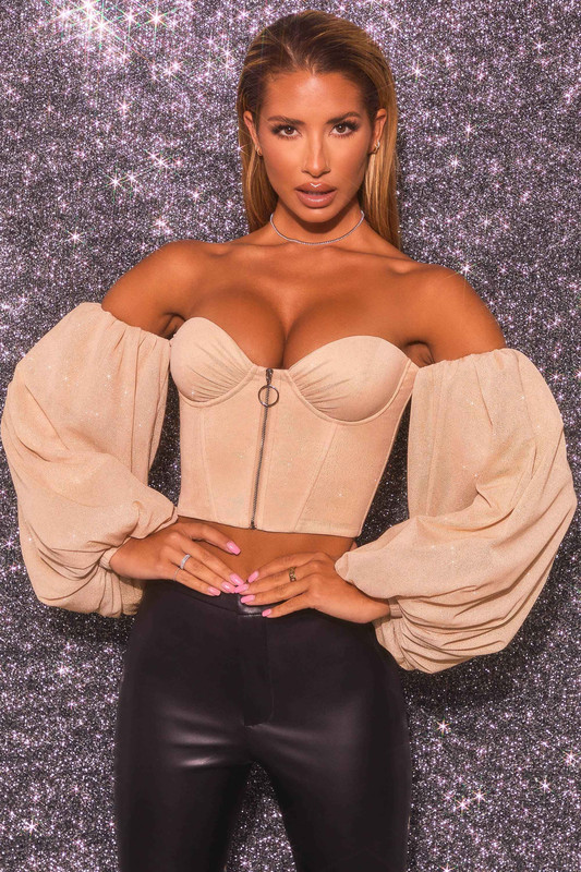 Keep On Shining Bardot Puff Sleeve Crop Top in Gold - UK Size:10